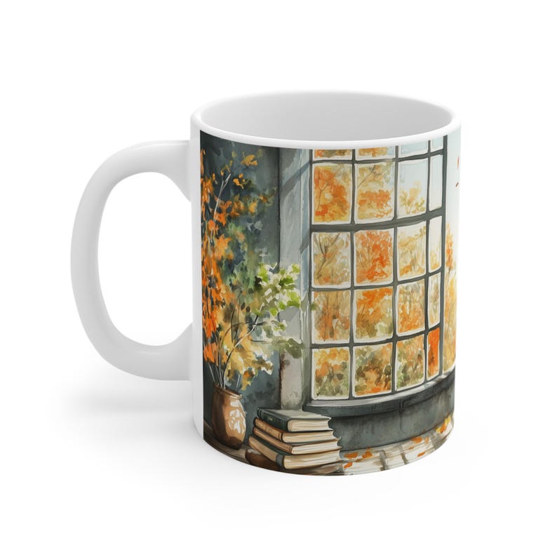 Window Mug Watercolor Room Window Ceramic Mug, Industrial Style Bookshelves Mug ...