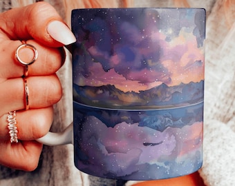 Kleurrijke keramische mok nachtelijke hemel, koffiekopje aquarel lucht, theekopje noorderlichtmeer, mok boslandschap, kies je ontwerp
