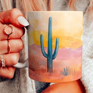 Colorful Desert Sunset Ceramic Mug, Watercolor Desert Landscape Coffee Cup, Beautiful Desert Cactus Scenery Mug, Western Vibes Tea Mug