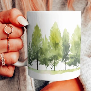 Beautiful Forest Scenery Coffee Cup, Green Watercolor Trees Ceramic Mug, Evergreens Teacup, Forest Camping Mug, Choose Your Design