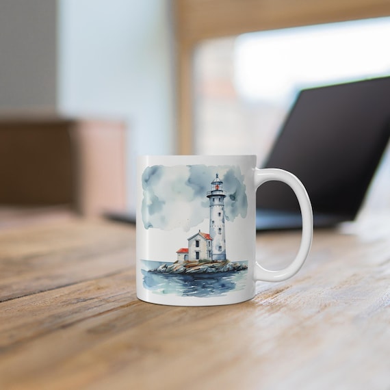 Watercolor Lighthouse Ceramic Mug, Beautiful Nautical Coffee Cup, Coastal Mug, Ocean Mug, Lighthouse Enthusiast Gift, Beach House Decor