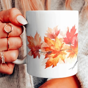 Fall Themed Teacup, Autumn Decor, Fall Pattern Ceramic Mug, Vibrant Watercolor Autumn Leaves Coffee Cup, Choose Your Design