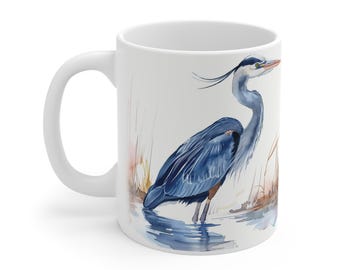Taza de garza en acuarela con juncos en el estanque, taza de café con un hermoso paisaje natural de garzas, taza de cerámica con pintura de garzas, regalo para amantes de la naturaleza
