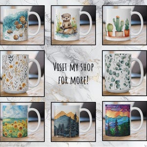 May include: Set of 10 white ceramic mugs with various designs. The designs include a watercolour ocean scene, a watercolour otter, a watercolour cactus, a watercolour floral pattern, a watercolour eucalyptus pattern, a watercolour sunflower field, a watercolour mountain scene, and a watercolour sunset scene. The mugs are all 11 ounces and are dishwasher and microwave safe.