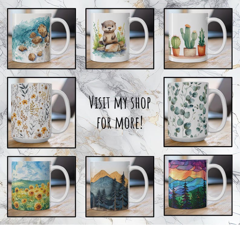 May include: Set of 10 white ceramic mugs with various designs. The designs include a watercolour ocean scene, a watercolour otter, a watercolour cactus, a watercolour floral pattern, a watercolour eucalyptus pattern, a watercolour sunflower field, a watercolour mountain scene, and a watercolour sunset scene. The mugs are all 11 ounces and are dishwasher and microwave safe.