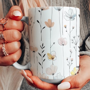 Pastel Watercolor Wildflowers Mug, Flowers Pattern Ceramic Mug, Cottagecore Coffee Cup, Minimalistic Floral Mug, Vintage Botanical Teacup
