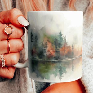 Forest Scenery Ceramic Mug, Watercolor Forest Fire Lake Coffee Cup, Beautiful Forest Mug, Pine Trees Teacup, Choose Your Design