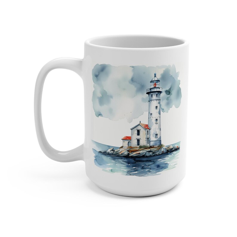 May include: White ceramic mug with a watercolor illustration of a lighthouse on a small island. The lighthouse is white with a red roof and a black lantern. The sky is a light blue with gray clouds. The water is a light blue with whitecaps.
