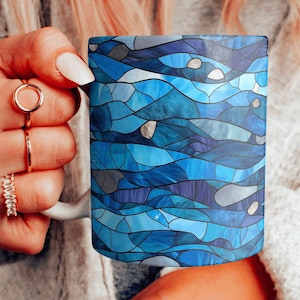 Faux Stained Glass Ocean Waves Mug, Beautiful Blue Ocean Ceramic Mug, Ocean Themed Coffee Cup, Beach House Decor, Choose Your Design