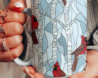 Faux Stained Glass Birch Tree Cardinals Mug, Beautiful Red Cardinals Ceramic Mug, Bird Watcher Gift, Condolence Gift Coffee Cup, 11 & 15 oz