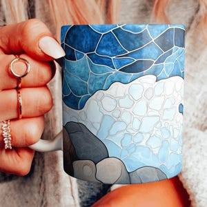 Faux Stained Glass Ocean Rocks Mug, Beautiful Blue Ocean Waves Ceramic Mug, Ocean Themed Coffee Cup, Sea Lover Gift, Choose Your Design