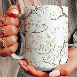 Blossoming Cherry Tree Branches Mug, Pretty White Cherry Blossoms Ceramic Mug, Floral Coffee Cup, Botanical Japanese Bonsai Gift Teacup