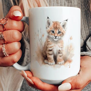 Cute Watercolor Animal Ceramic Mug, Animal Lover Gift, Lynx Cub Coffee Cup, Baby Animal Teacup, Fluffy Baby Lynx Design, Choose Your Design
