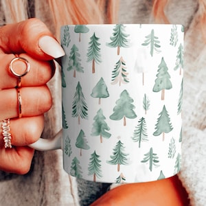 Watercolor Evergreens Ceramic Mug, Winter Pines Coffee Cup, Christmas Trees Teacup, Winter Themed Mug, Christmas Hot Cocoa Mug, 11 & 15 oz