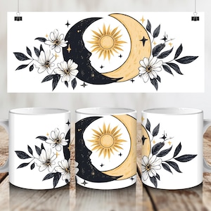 Boho Cottagecore Celestial Style Ceramic Mug, Sun & Moon Flowers Kitchen Decor, Crescent Moon Mandala Mug, Mystical Witchy Gift Mug