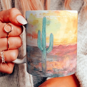 Aquarell Wüste Sonnenuntergang Becher, Wüstenmalerei Keramikbecher, Bunte Wüstenlandschaft Kaffeetasse, Kaktus-Liebhaber Geschenk, wählen Sie Ihr Design