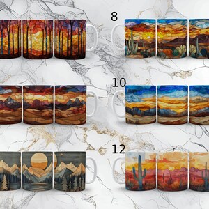 May include: Set of three white ceramic mugs featuring colourful sunset and desert landscape designs. The mugs depict different scenes, including cacti, mountains, and trees.