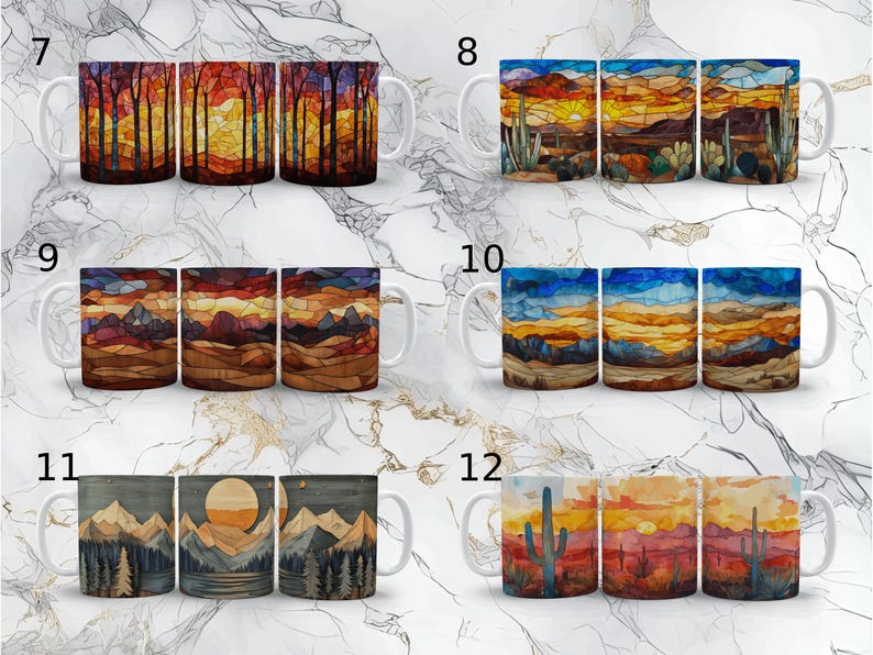 May include: Set of three white ceramic mugs featuring colourful sunset and desert landscape designs. The mugs depict different scenes, including cacti, mountains, and trees.