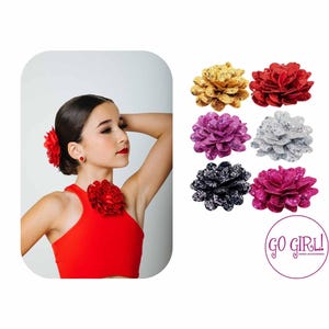 May include: A set of six sparkly flower hair clips in various colors, including red, pink, gold, silver, and black. The hair clips are shown on a white background with the text "GO GIRL!" in a circle.