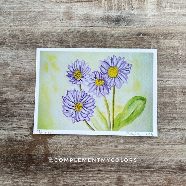 Purple Daisies Watercolor 5x7 Print Symbolizes peace unity fun Summer gift Birthday Present