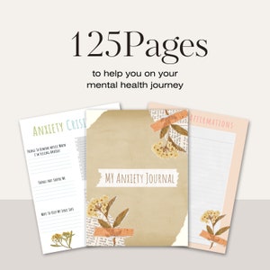 Pode incluir: Um diário marrom com o texto "My Anxiety Journal" e flores secas na capa. O diário tem 125 páginas e inclui seções para crises de ansiedade, afirmações e diário.