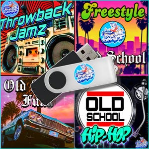 May include: A silver and black USB flash drive featuring a circular logo of a DJ at a turntable. The drive is positioned over a collage of hip-hop imagery, including a boombox, a classic car, and text reading Throwback Jamz and Old School.