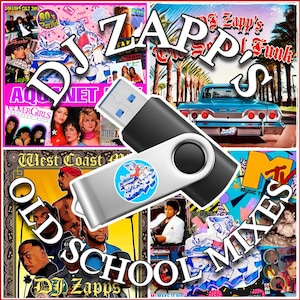 May include: Two USB flash drives with a black and silver design are in front of a collage of album covers and a classic car. The collage includes the words "DJ Zapps" and "Old School Mixes."