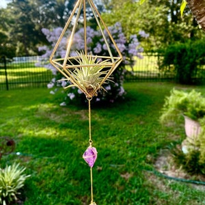 Custom Air Plant Suncatcher Small | Crystal Gemstone Air Plant Hanger | Rose Quartz | Amethyst | Black Tourmaline | Plant Lover Gifts