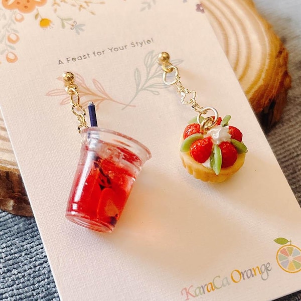 Handmade Strawberry Drink & Tart Earrings: Resin Clay Dessert Jewelry