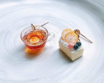 Lemon Cake & Tea Cup Earrings: Handmade Resin Clay Dessert Jewelry