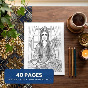 Può includere: Una pagina da colorare con un'illustrazione a linee di una persona con capelli intrecciati e un foulard, che indossa una vestaglia a motivi, seduta a un tavolo con una tazza. Il testo 40 PAGES INSTANT PDF + PNG DOWNLOAD è su un riquadro blu.