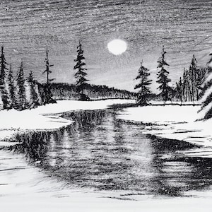 Winters Eve Northern Pines Charcoal Drawing