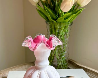 Fenton Beaded Pink and White Milk Glass Vase