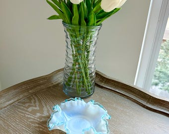Fenton Aqua Blue Crest Milk Glass Ruffled Bowl