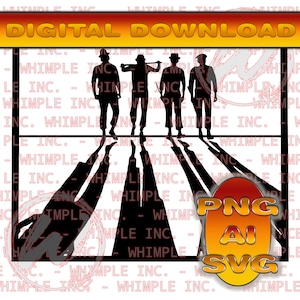 May include: Silhouette of four people in hats standing in a row, with long shadows extending from their feet. The image is in black and white and has a digital download watermark.
