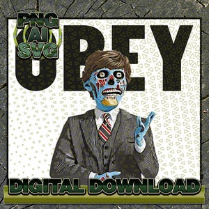May include: A digital download of a graphic design featuring a blue-skinned man with a red and black striped tie, wearing a gray suit and a serious expression. The text "OBEY" is in black letters on a white background.