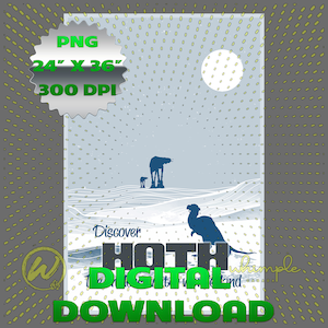 Könnte beinhalten: Ein digitaler Download einer blauen und weißen Illustration einer schneebedeckten Landschaft mit einem großen Mond, zwei AT-AT-Walkern und einer Kreatur aus dem Star Wars-Universum. Der Text "Discover Hoth" und "Digital Download" ist im Bild enthalten.