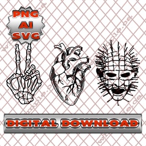 May include: Black and white digital download of three images: a skeleton hand making a peace sign, a detailed anatomical heart, and a face with a grid and spikes.