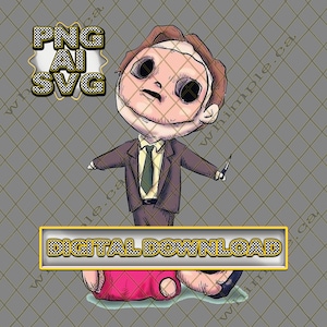 May include: A cartoon illustration of a man in a suit holding a knife standing over a woman lying on the ground. The man has a bandage over his face and the woman is wearing a pink dress. The text "DIGITAL DOWNLOAD" is in a yellow box.