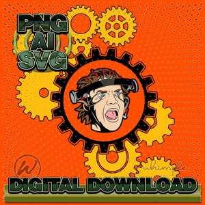 May include: A digital download graphic featuring a cartoon character with a shocked expression wearing a device with wires and electrodes on their head. The graphic is surrounded by gears in yellow and black against an orange background with a dotted pattern. The text "PNG AI SVG" is in the top left corner and "DIGITAL DOWNLOAD" is at the bottom of the image.