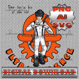 Op de afbeelding: Een digitale illustratie van een personage uit de film "A Clockwork Orange" met een wit pak en een bolhoed. Het personage houdt een wapen vast en staat voor een groot oranje tandwiel met het woord "Ultraviolence" erop. De tekst "Time for a bit of the old" staat bovenaan de afbeelding. De tekst "PNG AI SVG" staat in een zilveren stervorm. De tekst "DIGITAAL DOWNLOADEN" staat onderaan de afbeelding.