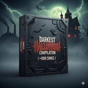 以下が含まれることがあります： 赤と白で「Darkest Halloween Compilation」と書かれた、コウモリ、幽霊、クモの巣をあしらった不気味なデザインの暗い長方形の箱。背景にはお化け屋敷、満月、稲妻が描かれています。
