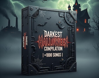 May include: A dark, rectangular box with the text "Darkest Halloween Compilation" in red and white, featuring a spooky design with bats, a ghost, and a spiderweb. The background shows a haunted house, full moon, and lightning.