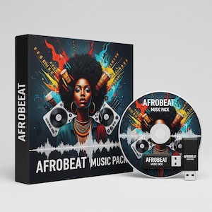Op de afbeelding: Afrobeat muziekpakket met een cd, USB-stick en doos. De doos en cd tonen een vrouw met afro, DJ-apparatuur en muziekinstrumenten. De tekst "Afrobeat Music Pack" is zichtbaar op de doos, cd en USB-stick.