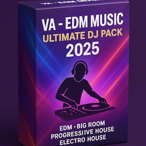 Può includere: Scatola viola con la scritta "VA - EDM MUSIC ULTIMATE DJ PACK 2025". Silhouette di un DJ con cuffie. In basso, si legge "EDM • BIG ROOM PROGRESSIIVE HOUSE ELECTRO HOUSE."