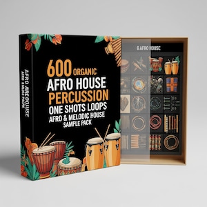 May include: A black box set featuring the text "600 ORGANIC AFRO HOUSE PERCUSSION" with images of drums and floral accents. The set includes a clear plastic overlay revealing a grid of sample pack images. The text "AFRO & MELODIC HOUSE SAMPLE PACK" is also visible.