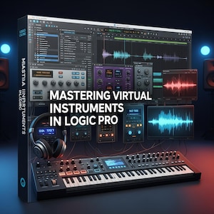 Peut inclure: Illustration numérique d'équipement de production musicale. L'image présente un clavier, un casque et diverses interfaces audio et moniteurs affichant des formes d'onde. Le texte "MASTERING VIRTUAL INSTRUMENTS IN LOGIC PRO" est visible.