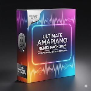 Pode incluir: Uma caixa com um gradiente de cores do roxo ao laranja, com o texto "ULTIMATE AMAPIANO REMIX PACK 2025". A caixa também inclui o texto "HIGH-QUALITY WAV FILES" e "FOR PROFESSIONAL DJS & PRODUCERS".