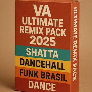 Puede incluir: Caja rectangular naranja-roja con texto blanco. El texto dice "VA ULTIMATE REMIX PACK 2025" y enumera géneros musicales: Shatta, Dancehall, Funk Brasil y Dance. El lateral de la caja dice "ULTIMATE REMIX PACK".