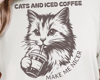 Funny Cat Shirt, Cats and Iced Coffee Make Me Nicer Tee, Cozy Gift for Cat Moms, Caffeine Lover Shirt, Comfort Colors Cat Lover T-Shirt